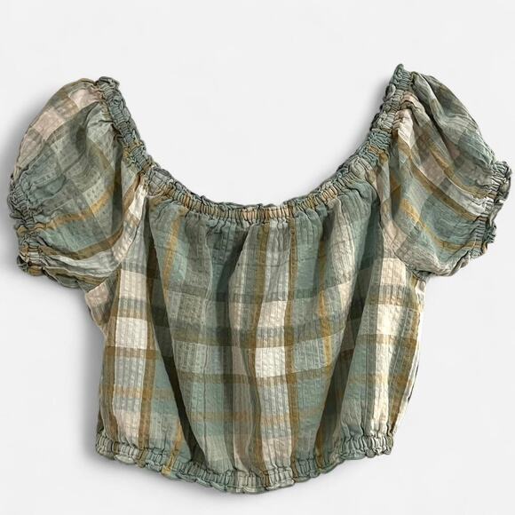 American Eagle Outfitters Green Plaid Cropped Off the Shoulder Top - Picture 9 of 9